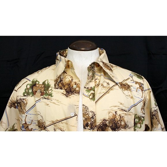 VTG 70s Jp2 Bardon Inc Men XL Beige Shirt Button Up Collared Short Sleeve Horses - Picture 3 of 10